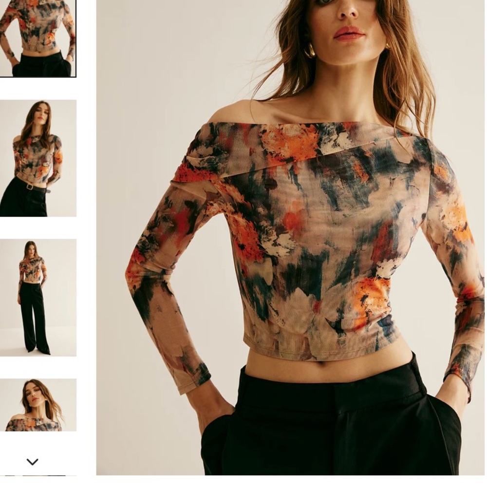 Commense Abstract Print Off-Shoulder Long Sleeve Top